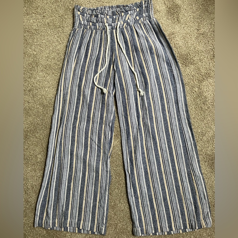 ANTHROPOLOGIE linen rayon striped wide leg pants breathable Lagenlook Boho XS